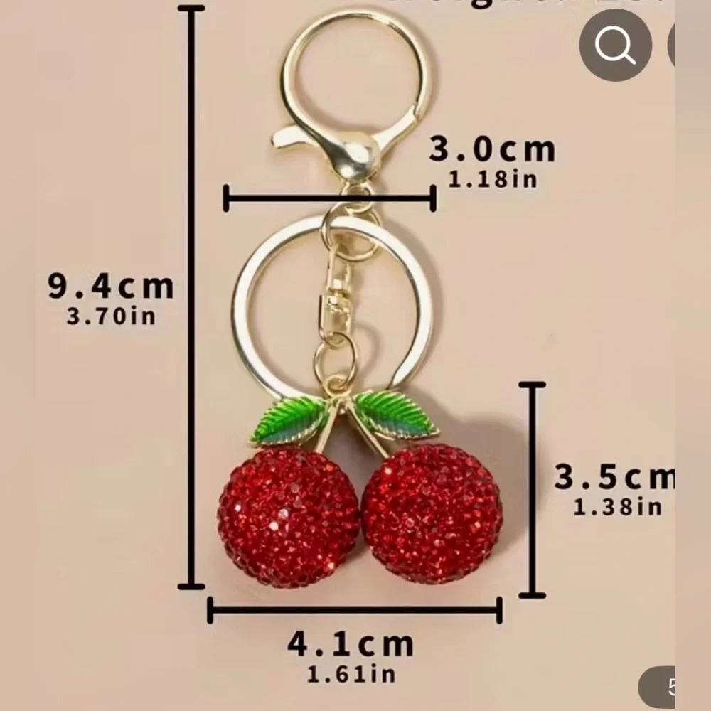 Red Cherry Keychain with Red Crystals and Green Leaves